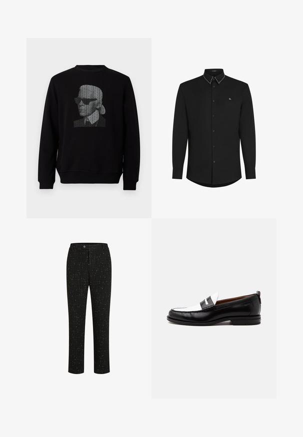 Zwarte sweatshirt met een gestileerd portret gemaakt van herhaaldelijk "KARL LAGERFELD"-tekst in het wit op de borst.; Zwarte shirt met lange mouwen van gladde stof, voorzien van een button-down kraag met studs en een subtiele logo op de borst.; Zwarte op maat gemaakte broek met een gestructureerd patroon van dunne verticale witte lijnen, een rechte snit en een knoopsluiting in de taille.; Zwart-witte leren loafer met gestikte details, lage hak en slip-on ontwerp, zijaanzicht op een egale achtergrond.