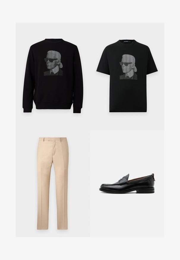 Zwarte sweatshirt met een gestileerd portret gemaakt van herhaaldelijk "KARL LAGERFELD"-tekst in het wit op de borst.; Zwarte katoenen t-shirt met een grafische print van een gestileerd gezicht met een zonnebril, gemaakt van herhalende witte tekst. Ronde hals, korte mouwen.; Beige op maat gemaakte broek met een gladde textuur, een rechte voorkant en rechte pijpen. Voorzien van riemlussen en een verborgen ritssluiting.; Zwarte leren herensloffen met moc toe stiksel, pennyriem, gestructureerde kraag en lage gestapelde hak op witte achtergrond.