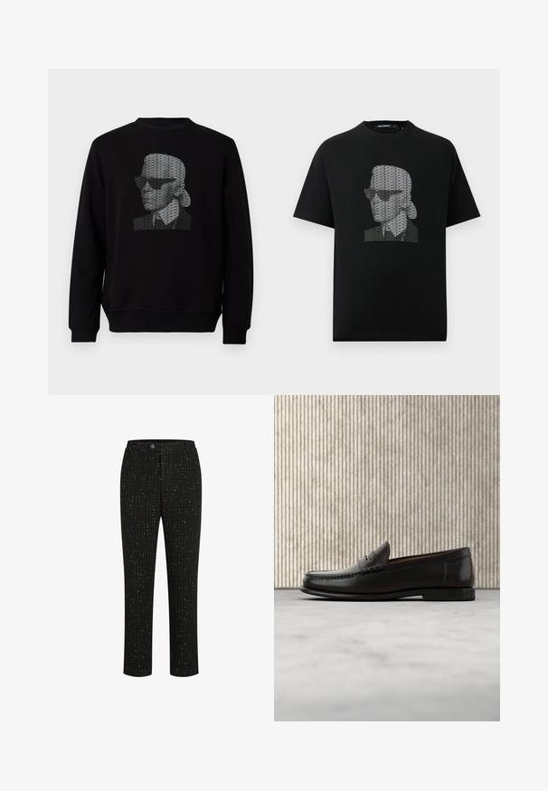Zwarte sweatshirt met een gestileerd portret gemaakt van herhaaldelijk "KARL LAGERFELD"-tekst in het wit op de borst.; Zwarte katoenen t-shirt met een grafische print van een gestileerd gezicht met een zonnebril, gemaakt van herhalende witte tekst. Ronde hals, korte mouwen.; Zwarte op maat gemaakte broek met een gestructureerd patroon van dunne verticale witte lijnen, een rechte snit en een knoopsluiting in de taille.; Zwarte leren penny loafer met lage hak, afgeronde neus en gestikte details langs de voorkant en zijkanten, afgebeeld op een neutrale achtergrond.