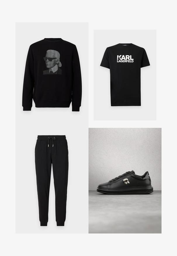 Sort sweatshirt med et stiliseret portræt lavet af gentaget "KARL LAGERFELD" tekst i hvidt på brystet.; Sort T-shirt med korte ærmer med hvid "KARL LAGERFELD" tekst og en lille grafisk silhuet inden for "K" på brystet.; Sorte sweatpants med elastisk talje, justerbar snor, sidelommer og tapered ben. Fremstillet af blødt, strækbart stof.; Person iført sorte læderbukser og sorte sneakers med et lille tegneseriefigur-tilbehør på siden, stående på et trægulv.