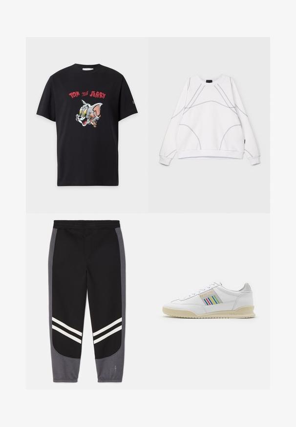 Saul Nash RITUALS CREW - Sweatshirt - white; Sort T-shirt med korte ærmer med farverige Tom og Jerry tegneserieansigter og rød tekst "Tom Jerry" over figurerne.; Neil Barrett MODERNIST - Træningsbukser - black/mottled grey; Hvide lædersneakers med en cremefarvet sål, multicolor stribede detaljer på siden og "PS Paul Smith" branding i guld.