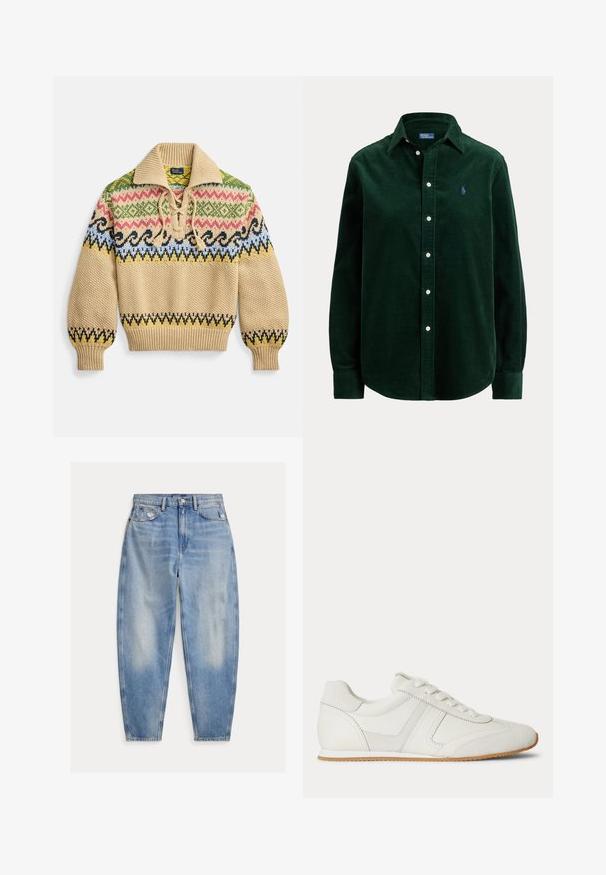 Strikket pullover i beige med en bred krave. Har flerfarvede geometriske mønstre i pink, grøn, blå og sort. Ærmer med manchet.; Mørkegrøn corduroy langærmet skjorte med krave og hvide knapper, med et lille broderet blåt logo på venstre bryst.; Lyseblå cowboybukser med høj talje med let falmning og slid nær forlommerne, fem-lomme stil og tilspidsede ben.; Hvid lavtop sneaker med snørelukning foran, ruskind- og læderpaneler og en lysebrun gummisål på en hvid baggrund.