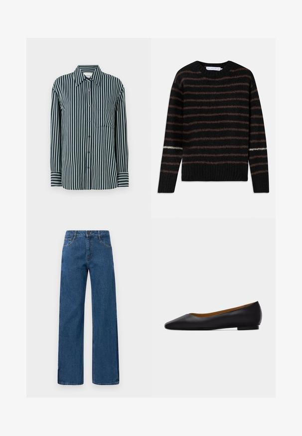 Suéter negro de punto fuzzy con rayas horizontales marrones y una única raya blanca en la manga izquierda, con cuello redondo y dobladillo acanalado.; Camisa de botones con rayas verticales en azul marino y verde claro, cuello clásico, mangas largas y un solo bolsillo en el pecho. Fabricada en tejido suave.; Jeans de tiro alto y pierna ancha en color azul, con bolsillos delanteros y traseros, cierre de botones y costuras visibles sobre un fondo blanco.; Zapato plano de punta puntiaguda de cuero negro con tacón bajo y acabado liso, mostrado de perfil sobre un fondo gris claro.