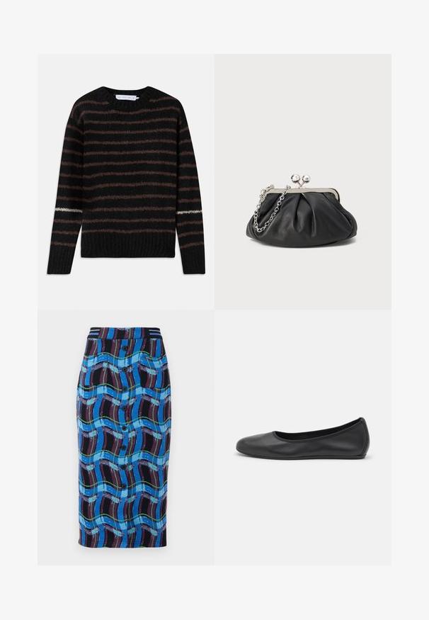 Pull en tricot noir duveteux avec des rayures horizontales marron et une seule rayure blanche sur la manche gauche, présentant un col rond et un ourlet côtelé.; Jupe midi bleue avec un motif de vagues multicolores, dotée d'une taille noire, de boutons à l'avant et de deux poches latérales.; Ballerines en cuir noir avec un bout rond, texture lisse, détails de couture minimalistes et design de semelle flexible.; Porte-monnaie en cuir noir avec texture froncée, cadre en métal argenté, fermeture à verrouillage kiss-lock et bandoulière en chaîne. Surface lisse et douce.