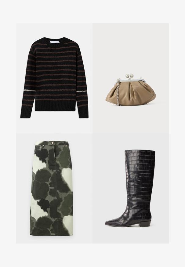 Sort fuzzy striktrøje med brune vandrette striber og en enkelt hvid stribe på venstre ærme, med rund halsudskæring og ribbet kant.; Camo-mønstrede denim nederdel i mørkegrøn og sort, med høj talje, fire lommer og metalliske accenter. Mellemlang og lige snit.; Sorte læder knæhøje støvler med krokodilleskindsstruktur, spids tå og lav blokhælar. Har subtil branding nær anklen.; Læderclutch i blød beige med afrundet form, plisseret tekstur, sølvfarvet kiss-lock lukning og aftagelig kæderem.