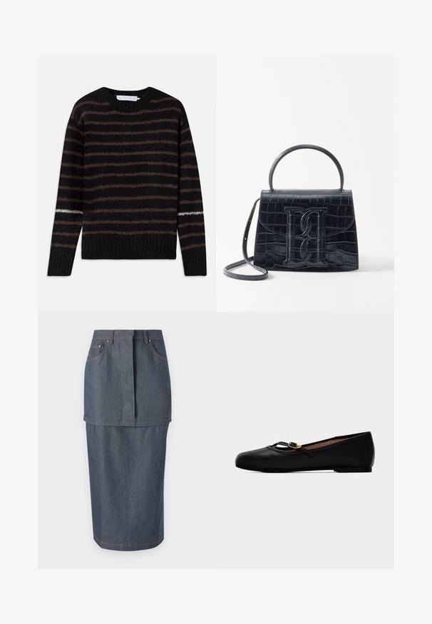 Pull en tricot noir duveteux avec des rayures horizontales marron et une seule rayure blanche sur la manche gauche, présentant un col rond et un ourlet côtelé.; Jupe en denim de couleur bleu foncé, dotée de poches avant, d'une taille cintrée et d'une coupe au niveau des genoux, rehaussée de surpiqûres contrastées.; Chaussure plate en cuir noir avec une fine bride et une petite boucle dorée en forme de cœur, bout arrondi et petit talon.; Sac à main en cuir noir embossé en crocodile avec un design structuré, une poignée supérieure, une bandoulière ajustable et un détail de logo en avant bien visible.
