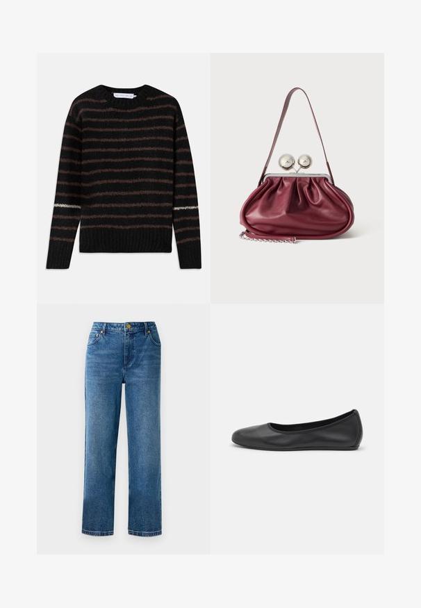 Sort fuzzy striktrøje med brune vandrette striber og en enkelt hvid stribe på venstre ærme, med rund halsudskæring og ribbet kant.; Blå høj talje jeans med lige ben, lavet af denim, med fem lommer og detaljer i guldtonet metal.; Sort læderballetsko med rund tå, glat tekstur, minimal syning og et fleksibelt såldesign.; Lille bordeaux læderhåndtaske med rynkede detaljer, en tynd rem og en sølvspænde med to store runde knopper.