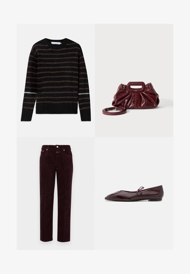 Pull en tricot noir duveteux avec des rayures horizontales marron et une seule rayure blanche sur la manche gauche, présentant un col rond et un ourlet côtelé.; Pantalons en velours côtelé bordeaux à coupe droite, avec poches avant et quincaillerie en métal argenté. Le tissu présente une texture côtelée.; Ballerines en cuir verni bordeaux avec un bout pointu et un nœud décoratif violet sur le cou-de-pied ; design à semelle plate.; Petit sac à main en cuir rouge foncé avec texture froncée, poignée rectangulaire découpée pour la main et bandoulière détachable sur fond blanc.