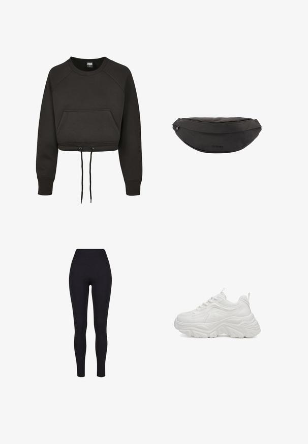 Sort cropped sweatshirt lavet af blødt stof, der har en frontlomme, snoretræk i kanten og ribbede manchetter for en tætsiddende pasform.; Sorte højtaljerede leggings, lavet af strækbart stof, med en glat tekstur og en tætsiddende design uden synlige sømme eller mønstre.; Hvide chunky sneakers med en tekstureret overdel, rund tå og en oversize sål. Har snørebånd, mesh-detaljer og en trækflig ved hælen.; Sort stoftalje taske med lynlåslukning og "BOGNER"-logo på forsiden i midten.