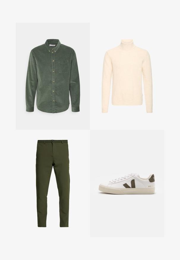 Pull à col roulé à manches longues couleur crème, avec col, poignets et ourlet côtelés, présenté sur fond blanc uni.; Chemise boutonnée en velours côtelé vert, à manches longues, avec un col, une poche avant et des boutons dorés. Elle présente un tissu texturé et un ourlet incurvé.; Pantalon vert olive à coupe slim, fabriqué à partir d'un tissu lisse et durable. Il dispose d'une fermeture éclair, d'un bouton de fermeture et de poches standard.; Baskets en cuir blanc avec une semelle en caoutchouc beige clair. Présentent un logo en V en daim marron et une languette de talon. Fermeture à lacets avec une surface texturée.