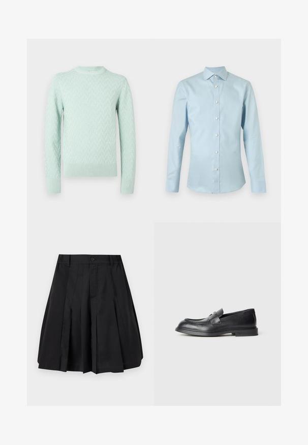 Pull en maille à manches longues de couleur vert menthe clair avec un motif géométrique texturé et des poignets, un ourlet et un col ras du cou côtelés.; Chemise habillée homme manches longues bleu clair avec boutons blancs et col pointu, présentée sur un fond uni.; Jupe plissée noire longueur genou avec bouton sur le devant et passants de ceinture à la taille, sur fond blanc.; Mocassins en cuir noir avec une finition texturée, dotés d'une bride décorative à l'avant et d'un bout arrondi. Semelle en caoutchouc pour plus de durabilité.