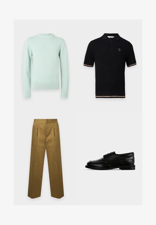 Pull en maille à manches longues de couleur vert menthe clair avec un motif géométrique texturé et des poignets, un ourlet et un col ras du cou côtelés.; Polo noir côtelé à manches courtes avec trois boutons, rayures beige sur les poignets et l'ourlet des manches, et petit logo "FP" doré sur la poitrine gauche.; Pantalon taille haute vert olive avec plis devant, jambes larges et droites, et fermeture avant dissimulée.; Chaussure habillée pour homme en cuir noir avec lacets, talon bas et nom de marque embossé sur le côté, vue de profil sur fond blanc.