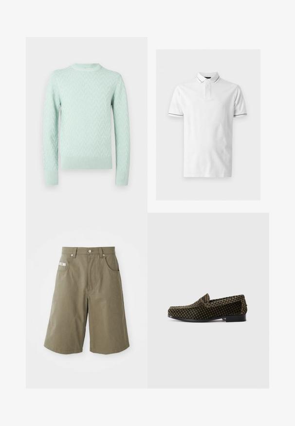 Lys myntegrøn langærmet strikket sweater med tekstureret geometrisk mønster og ribstrikkede manchetter, kant og rund halsudskæring.; Hvid kortærmet poloshirt med sort kant på krave og ærmekanter, med knaplukning og ensfarvet front.; MOSCHINO TAPE - Shorts - green; Herre loafers med lav hæl i sort og oliven houndstooth-stof med rund tå og slip-on design.