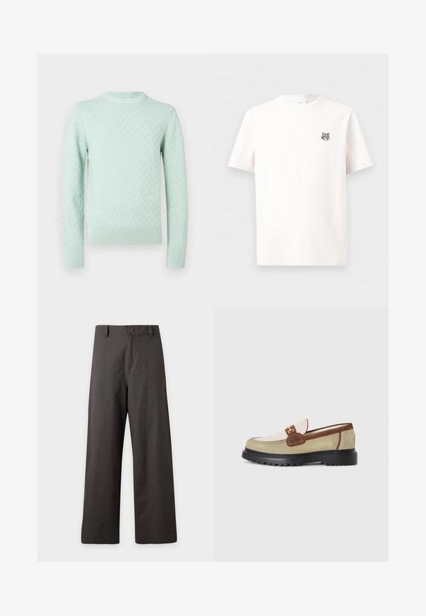 Pull en maille à manches longues de couleur vert menthe clair avec un motif géométrique texturé et des poignets, un ourlet et un col ras du cou côtelés.; T-shirt blanc à manches courtes avec un petit logo de tête de loup gris sur la poitrine gauche, présenté sur un fond blanc uni.; Pantalon gris foncé à jambes larges avec fermeture par bouton et zip, passants pour ceinture, sans poches visibles.; Loafer avec des panneaux en suède beige, rose clair et marron, accent en boucle en métal doré et semelle épaisse en caoutchouc noir avec un motif de crans.