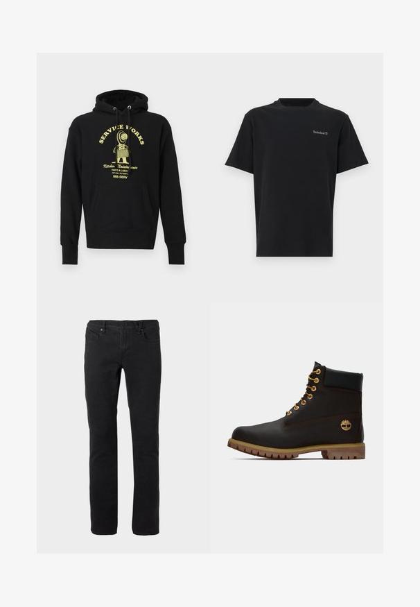 Sweat à capuche noir en mélange de coton, avec une poche avant, une capuche à cordon de serrage et une impression graphique jaune affichant « SERVICE WORKS » avec un design.; T-shirt en coton noir à manches courtes, col rond, avec un petit logo Timberland près de la poitrine. Texture lisse, coupe standard.; Jean noir slim à fermeture avant à boutons et zip, design cinq poches, coupe droite.; Bottine noire en cuir avec œillets dorés, accents marron et semelle en caoutchouc. Comprend un col rembourré et un logo estampé sur le côté.