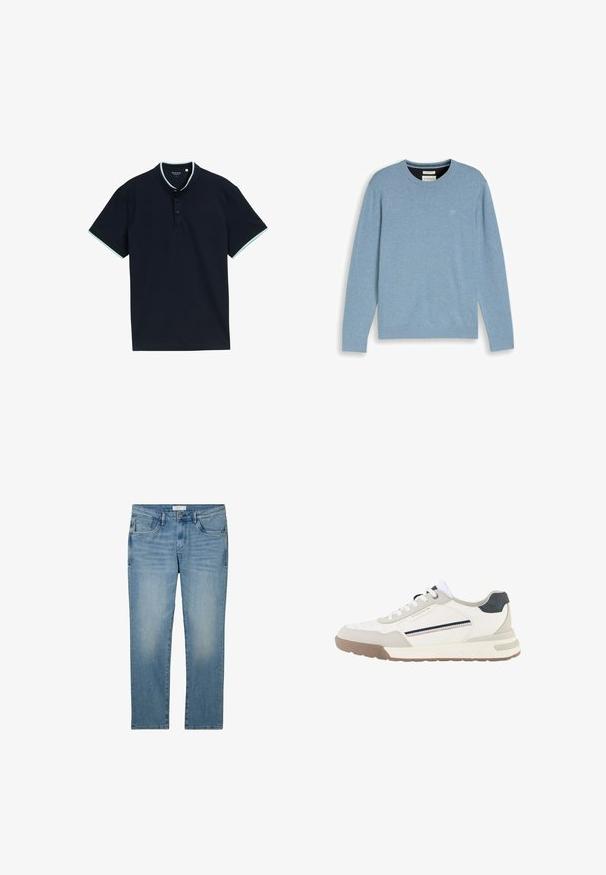Lichtblauwe trui met lange mouwen en ronde hals, voorzien van geribbelde manchetten en zoom, met een minimalistisch logo op de borst, getoond op een witte achtergrond.; Marineblauw poloshirt van een gestructureerde stof, met een staande kraag, drie knopen en lichtblauwe accenten op de kraag en mouwen.; Blauwe spijkerbroek met een rechte pijpdesign, voorzien van vijf zakken en een vervaagde afwerking. De stof heeft een soepele textuur en lichte rek.; Witte en beige sneaker met witte veters, bruine zool, zwarte hielpatch en zijstreepdetails in marineblauw en rood.