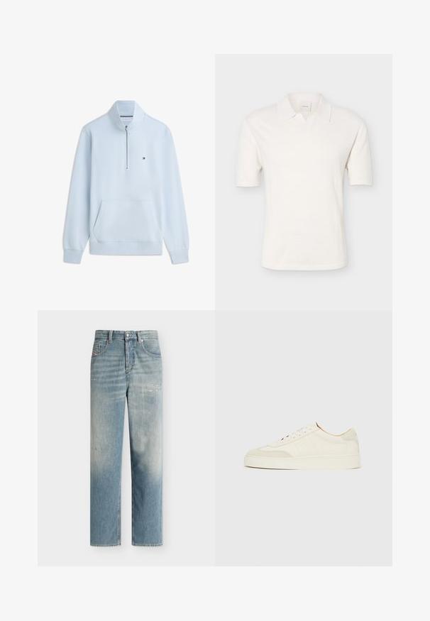 Pull bleu clair à manches longues avec une fermeture éclair devant sur un quart, une poche kangourou, des poignets et un ourlet côtelés, et un petit logo sur la poitrine.; Polo blanc à manches courtes avec une texture en maille et un col ouvert, présenté sur un fond gris clair uni.; Jean bleu clair à jambes droites avec taille haute, légère décoloration et détails subtils usés près des poches avant et des cuisses.; Baskets en daim blanc à finition lisse, embout rond, design lacé plat, avec des accents texturés contrastants. Comprend un détail de logo subtil.