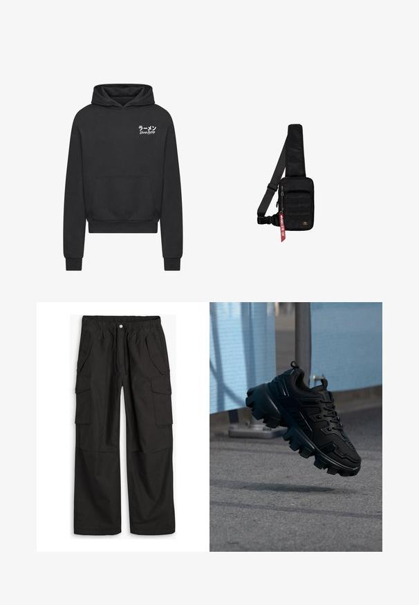 Hoodie noir en tissu doux. Équipé d'une poche kangourou, de poignets côtelés et d'un graphique en texte blanc "Slurp Away" en japonais.; Pantalons cargo noirs avec taille élastique, fermeture à bouton et fermeture éclair, et plusieurs poches à rabat avec boutons à l'avant et sur les côtés.; Baskets noires épaisses avec semelle à crampons épais flottant au-dessus d'un trottoir gris, sur un fond bleu clair et gris flou.; Sac bandoulière noir en tissu texturé. Comprend un compartiment principal à fermeture éclair, une poche avant avec sangle, une bandoulière réglable et une étiquette décorative.