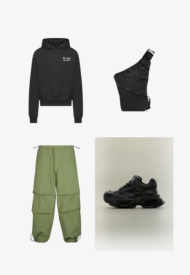 Sudadera negra confeccionada en un tejido suave. Cuenta con un bolsillo tipo canguro, puños acanalados y un gráfico en texto blanco que dice "Slurp Away" en japonés.; Pantalones cargo ligeros de color verde oliva, con cintura elástica, diseño en capas y puños ajustables con cordón. Fabricados con una tela lisa y duradera.; Zapatilla deportiva negra y gruesa con diseño texturizado, suela gruesa y cierre de cordones mostrada sobre un fondo neutro y sencillo.; bugatti BLANC DELIGHT - Bandolera - schwarz