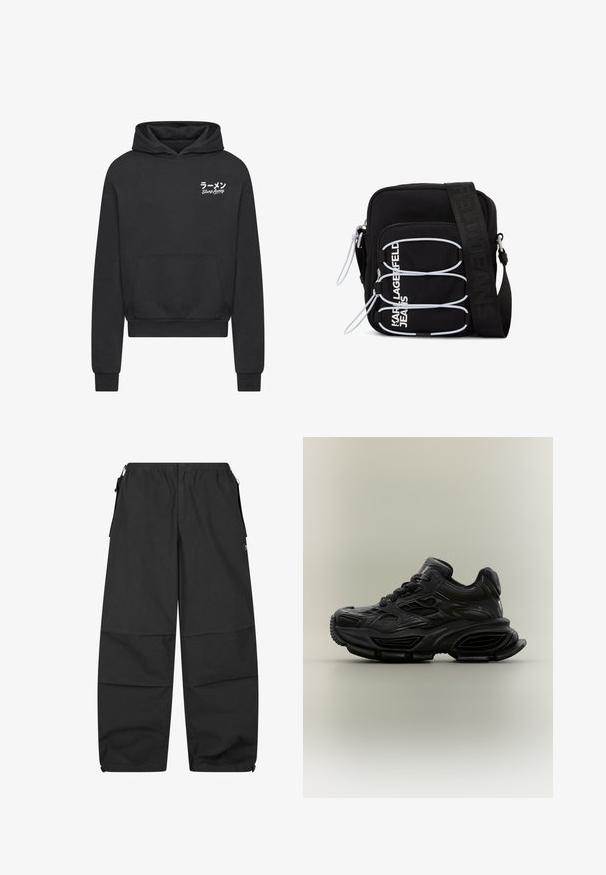 Hoodie noir en tissu doux. Équipé d'une poche kangourou, de poignets côtelés et d'un graphique en texte blanc "Slurp Away" en japonais.; Pantalons en coton noir avec une taille élastique, deux poches latérales et une coupe décontractée. Présente des coutures et un design minimaliste.; Baskets noires épaisses avec un design texturé, semelle épaisse et fermeture à lacets, présentées sur un fond neutre uni.; Sac bandoulière noir avec boucles élastiques blanches, tirettes de fermeture éclair, et texte blanc "KARL LAGERFELD JEANS" sur la poche avant.