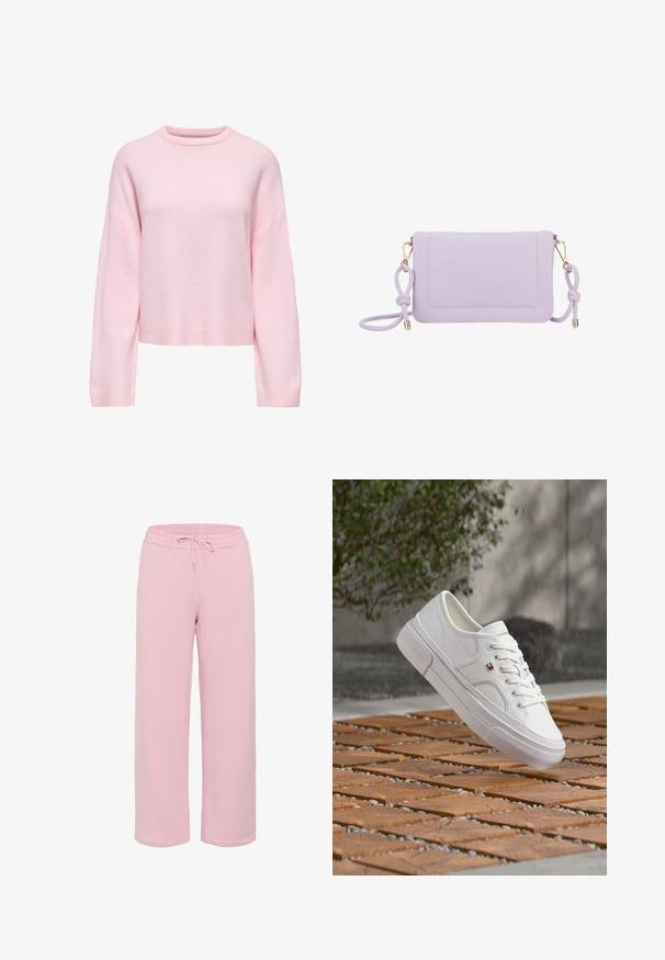 Lyserød sweater lavet af blødt stof, med rund halsudskæring og sænket skulderdesign med lange ærmer og ribstrikkede manchetter.; Lyserøde sweatpants lavet af blødt stof, med bred ben-designet, elastisk talje med snørelås og afsluttede kanter.; Hvid læder sneaker med snørebånd og et lille rødt, hvidt og blåt logo, der svæver over en mønstret træ- og grusbelægning udendørs.; Lilla faux læder crossover taske med guldfarvet hardware, forlommer og knyttet stropdetalje. Glat tekstur og rektangulær form.