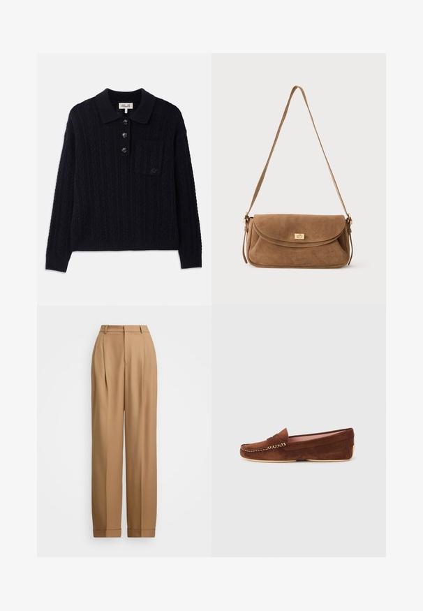 Marineblauer, gestrickter Pullover mit langen Ärmeln, Kragen, vier Knöpfen, gerippten Bündchen und einer aufgesetzten Tasche mit gesticktem Logo.; Beige maßgeschneiderte Hose mit hoher Taille, gefalteter Vorderseite, schmal zulaufenden Beinen und aufgerollten Säumen. Glattes Material mit einer feinen Textur.; Brauner Wildleder-Slipper mit Mokassin-Naht und einer niedrigen beigen Sohle, seitlich auf einem schlichten hellen Hintergrund dargestellt.; Braune Veloursleder-Schultertasche mit langem Riemen und goldfarbenem rechteckigem Drehverschluss an der vorderen Klappe vor einfarbigem Hintergrund.
