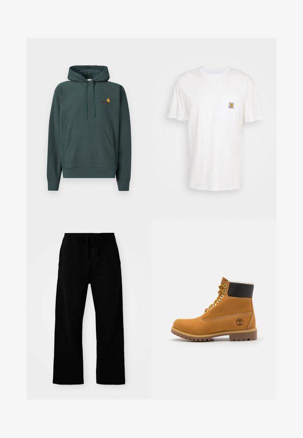 Dunkelgrüner Hoodie aus Baumwolle mit einer Kängurutasche, Kordelzügen und einem kleinen Logo in Orange und Burgunderrot auf der Brust.; Weißes Baumwoll-T-Shirt mit kurzen Ärmeln, einer Brusttasche und einem kleinen quadratischen Logopatch in Orange und Weiß auf der Tasche.; Schwarze, elastische Hosen mit verstellbarem Kordelzug, weitem Bein und glatter Baumwollstruktur. Keine sichtbaren Muster oder Hardware-Details.; Braune Leder-Ankle-Boots mit Metallösen, weißem Kunstfellfutter, schwarzem gepolstertem Kragen, robustem Sohlenprofil und geprägtem Logo an der Seite.