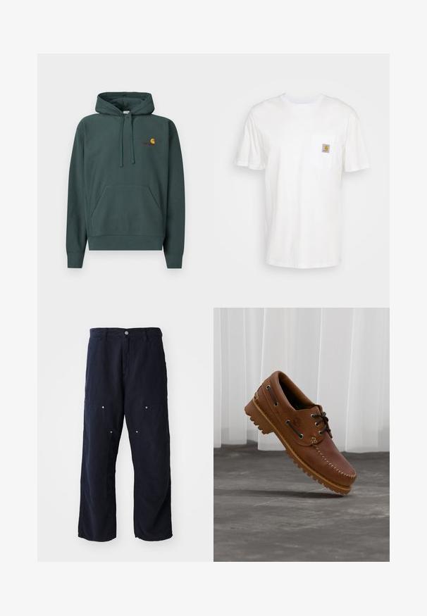 Sweat à capuche vert foncé en coton, avec une poche kangourou, des cordons de serrage, et un petit logo orange et bordeaux sur la poitrine.; T-shirt en coton blanc à manches courtes, avec une poche poitrine et un petit patch logo carré en orange et blanc sur la poche.; Pantalons larges bleu marine en coton avec une finition texturée. Comprend deux poches avant avec des accents de bouton et une fermeture à bouton à l'avant.; Chaussure de bateau en cuir marron avec des lacets noirs, des coutures beiges et une semelle robuste, suspendue au-dessus d'un sol en béton gris.