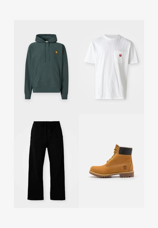 Sudadera con capucha de algodón en color verde oscuro, con bolsillo tipo canguro, cordones ajustables y un pequeño logo en tonos naranja y burdeos en el pecho.; Camiseta de algodón blanca con escote redondo y mangas cortas. Presenta un pequeño logo de corazón rojo en el bolsillo izquierdo del pecho.; Pantalones negros de cintura elástica con cordón ajustable, de piernas anchas y textura de algodón suave. Sin patrones visibles ni detalles de hardware.; Botín de cuero marrón con ojales de metal, forro de piel sintética blanca, cuello acolchado negro, suela resistente y logotipo en relieve en el costado.