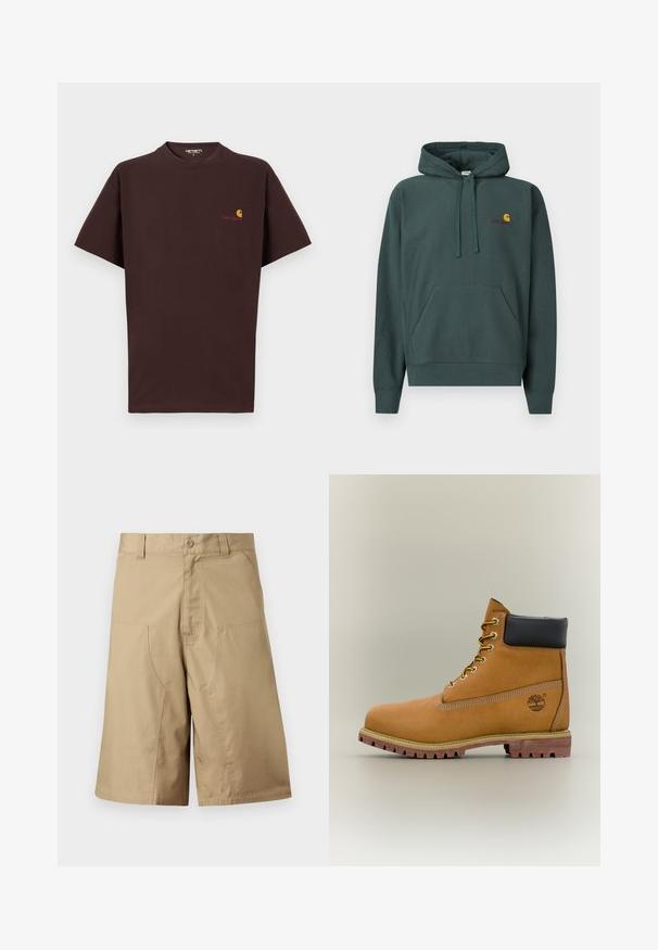 Sweat à capuche vert foncé en coton, avec une poche kangourou, des cordons de serrage, et un petit logo orange et bordeaux sur la poitrine.; T-shirt en coton marron à manches courtes, col rond, logo sur la poitrine gauche en orange et rouge, ourlet droit et coupe décontractée.; Shorts kaki à coupe droite, confectionnés dans un tissu léger, dotés de deux poches avant et d'une fermeture par bouton à la taille.; Bottine en cuir marron avec col noir, lacets jaunes et semelle beige. Présente un logo et des détails de couture blanche. Semelle extérieure à traction robuste.
