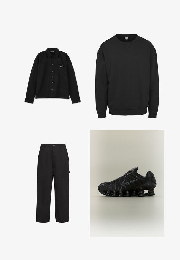 Sort crewneck sweatshirt med lange ærmer, ribbet manchetter og talje, lavet af blødt bomuldsblandingsstof. Ingen grafik eller mønstre.; Sort langærmet skjorte lavet af stof, med krave, knap-lukning foran, enkelt brystlomme og broderet logo i hvid på lommen.; Sorte bomuldsbukser med afslappet pasform, der har to frontlommer, en lynlås foran og en synlig knap foran. Glat tekstur, lige ben-design.; Sort Nike løbesko med fjedrende opdelt sål, mesh-øverdel og matchende sort swoosh-logo på siden.
