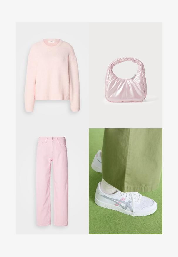 Lyserød strikket sweater, afslappet pasform, rund halsudskæring, ribbet kant og manchetter, blød tekstur, faldende skuldre, uden synlige lukninger eller mønstre.; Lyserøde denimjeans med lige ben, forsynet med lynlås og knap foran samt fem-lomme-design. Blød tekstur og stærke sømme.; Hvide sneakers med grå og pink detaljer, fremstillet med en glat læderoverdel, perforeret tåboks og flad hvid sål, parret med olivengrønne bukser.; Rosa, polstret håndtaske med afrundet design, lavet af skinnende materiale. Har et samlet håndtag og en lynlås til sikker adgang.