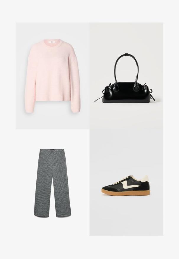 Lyserød strikket sweater, afslappet pasform, rund halsudskæring, ribbet kant og manchetter, blød tekstur, faldende skuldre, uden synlige lukninger eller mønstre.; Bukser med vide ben i et tekstureret gråt strikket stof. Har en høj talje og lige ben, hvilket giver en afslappet pasform hele vejen.; Sorte ruskinds- og lædersneakers med en cremefarvet side-swoosh og lys cremefarvet hæl. Har beige snørebånd og en gummirubber-sål.; Lille sort blank håndtaske med to lange håndtag og snøre-detaljer i siden på en ensfarvet lys baggrund.