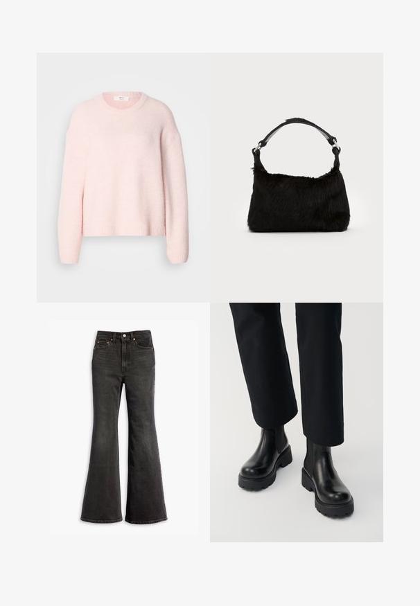 Lichtroze gebreide trui, ontspannen pasvorm, ronde hals, geribde zoom en manchetten, zachte textuur, doorgezakte schouders, geen zichtbare hardware of patronen.; Zwarte high-waisted denim jeans met een flared leg, vijf-pocket ontwerp en koperen klinknagels.; Persoon die zwarte leren enkellaarzen met dikke zool draagt, gecombineerd met zwarte broek met rechte pijpen op een witte achtergrond.; Zwarte neplederen handtas met een zachte textuur, ronde vorm en een stevige zwartleren schouderband. Zilveren hardwareaccenten zichtbaar.