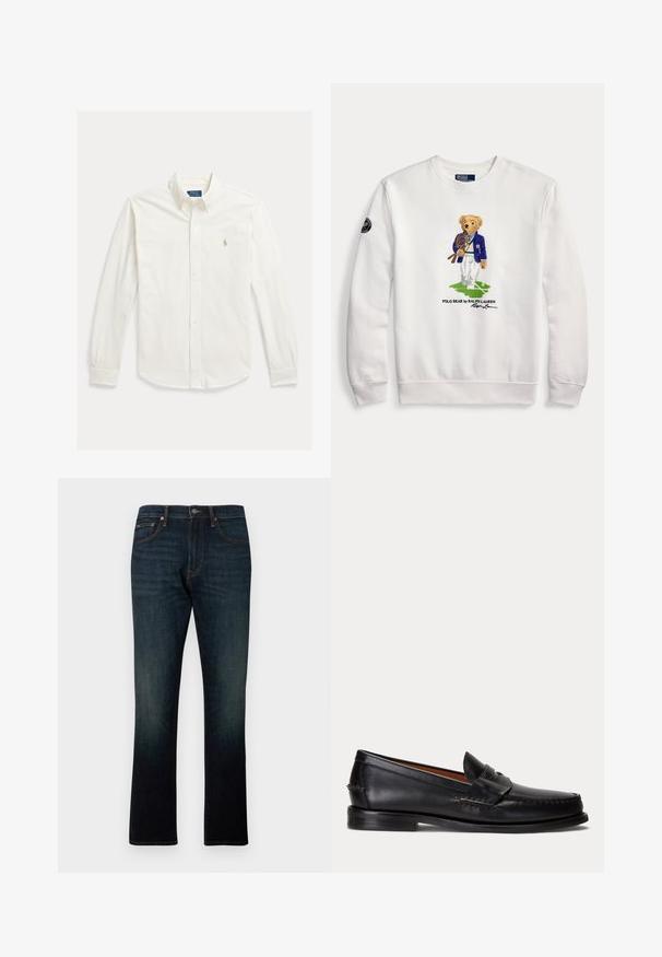 Witte trui met een teddybeer gekleed in een blauwe blazer, die tennisrackets vasthoudt en staat op een groen tennisbaandeel.; Wit overhemd met lange mouwen, knopen en kraag, met Polo Ralph Lauren-logo geborduurd op de linkerborst.; Donkerblauwe rechte denim jeans met vijf zakken en oranje stiksels, plat weergegeven op een witte achtergrond.; Zwarte leren loafer met lage hak en penny-strap detail, van opzij getoond op een lichtgrijze achtergrond.