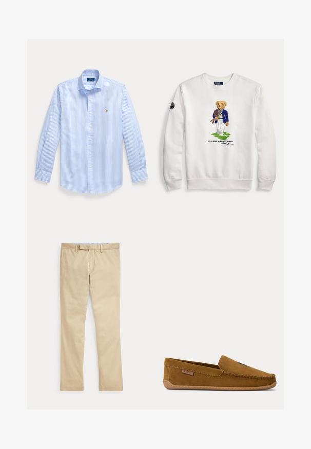 Hvid sweatshirt med en bamse iført en blå blazer, der holder tennis-ketchere og står på en grøn tennisbane.; Lyseblå langærmet skjorte med hvide lodrette striber og et lille broderet logo på venstre bryst.; Beige bukser med lige ben, bæltestropper og frontlynlås, lagt fladt mod en hvid baggrund.; Brun ruskindslignende mokasin-hjemmesko med syninger og en lille læderetiket på siden, vist på en ensfarvet baggrund.