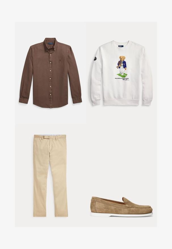 Witte trui met een teddybeer gekleed in een blauwe blazer, die tennisrackets vasthoudt en staat op een groen tennisbaandeel.; Bruine overhemd met knopen, voorzien van een puntige kraag, lange mouwen, witte knopen en een klein geborduurd logo op de borst. Gemaakt van glad katoen.; Beige broek met rechte pijpen, ceintuurlussen en een voorrits, plat gelegd tegen een witte achtergrond.; Lichtbruine suède mocassinstijl loafer met witte zool en zichtbare stiksels langs de neus en zijkanten, zijaanzicht.