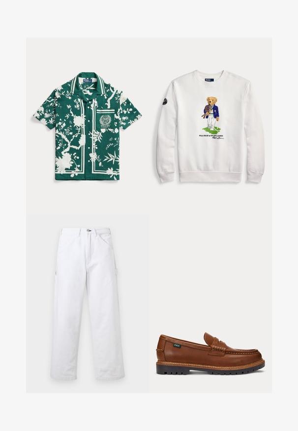 Sudadera blanca con un osito de peluche vestido con una chaqueta azul sosteniendo raquetas de tenis, de pie sobre un parche de pista de tenis verde.; Camisa verde de manga corta con botones, con patrones blancos de flores y ramas, cuello a rayas y bolsillo parche bordado en el pecho izquierdo.; Pantalones blancos de tiro alto con pierna recta, trabillas para cinturón, bolsillos delanteros, cierre de botón y un bolsillo utilitario lateral sobre un fondo liso.; Mocasín de cuero marrón con detalles cosidos, suela negra resistente y pequeña etiqueta "Polo" en el lateral.