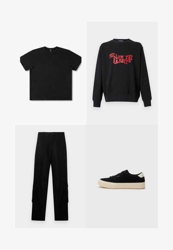 Sudadera negra con puños y dobladillo acanalados, que presenta "SIGUE AL CONEJO" en letras curvas rojas en negrita en la parte frontal.; Camiseta negra de manga corta hecha de algodón con cuello redondo, con un logo sutil en el centro y un diseño de corte relajado.; Pantalones cargo negros de corte recto con trabillas para cinturón, botón frontal, cierre de cremallera y bolsillos con solapa en cada muslo.; Zapatilla de ante negra con una gruesa suela de goma beige, punta redonda y cordones negros. Presenta un acento blanco en el talón. Diseño sencillo y clásico.