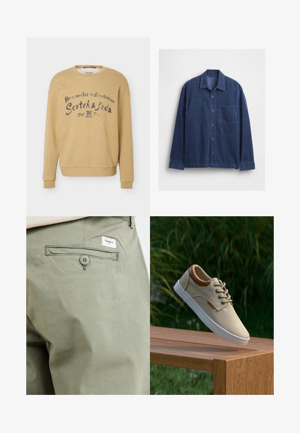 Beige sweatshirt met lange mouwen, ronde hals en donkerblauwe tekst op de voorkant met de tekst "Handpainted in Amsterdam Scotch & Soda 1985".; Marineblauw corduroy overhemd met een kraag, lange mouwen en een borstzak. Voorzien van knoopsluiting en een gestructureerde stof.; Licht olijfgroene katoenen broek met een achterzak, voorzien van een knoopsluiting en een klein merkembleem dat boven de zak is gestikt.; Beige canvas sneaker met bruine leren accenten, ronde veters, een witte rubberen zool en een gestructureerd oppervlak, tentoongesteld op een houten oppervlak.