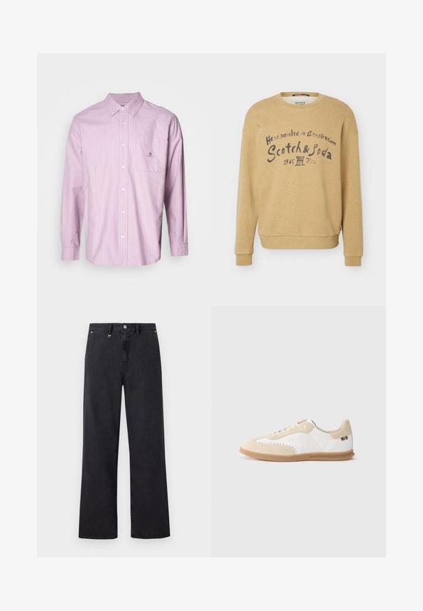 Sudadera beige de manga larga con cuello redondo y texto en azul marino en la parte delantera que dice "Handpainted in Amsterdam Scotch & Soda 1985".; Camisa de botones de manga larga en rosa claro con rayas verticales blancas, tela de algodón, cuello, bolsillo frontal y detalle de logo en el bolsillo.; Pantalones negros de pierna recta con trabillas para cinturón, cierre frontal con botón y cremallera, y bolsillos laterales sobre un fondo liso.; Zapatilla blanca con detalles en ante beige claro, perforaciones, cordones planos y suela de goma color caramelo. Presenta una marca a rayas en el talón.