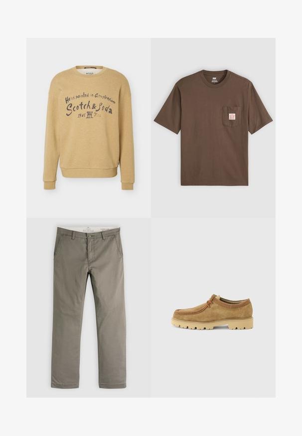 Sweat-shirt beige à manches longues avec col rond et texte bleu marine indiquant "Handpainted in Amsterdam Scotch & Soda 1985" sur le devant.; T-shirt en coton marron à manches courtes, col rond et poche sur la poitrine gauche avec une étiquette blanche portant un texte rouge.; Pantalon droit kaki pour homme avec poches avant, passants pour ceinture et fermeture par bouton, étalé à plat sur un fond blanc.; Chaussure décontractée en daim brun clair avec une semelle en caoutchouc beige épaisse, couture moc toe, et deux boucles de lacet en cuir sur le côté, vue de profil.