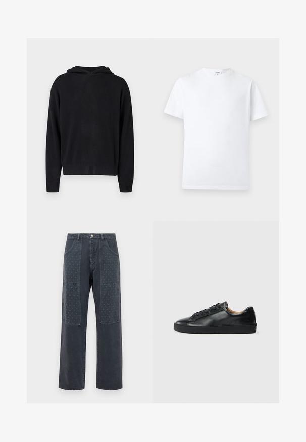 Sort langærmet strikhue med ribbede manchetter og kant, præsenteret mod en ensfarvet lys baggrund.; Ensfarvet hvid T-shirt med korte ærmer og rund hals med en lille indvendig etiket ved halsudskæringen, vist mod en neutral baggrund.; Mørkegrå jeans med bred benudskæring, der har dekorative lapper på forsiden med et subtilt blomstermønster og standardlomme-detaljering.; Sorte lædersneakers med en glat overflade, rund tå og snørebåndslukning. Har en tyk gummisål og minimal branddetalje.
