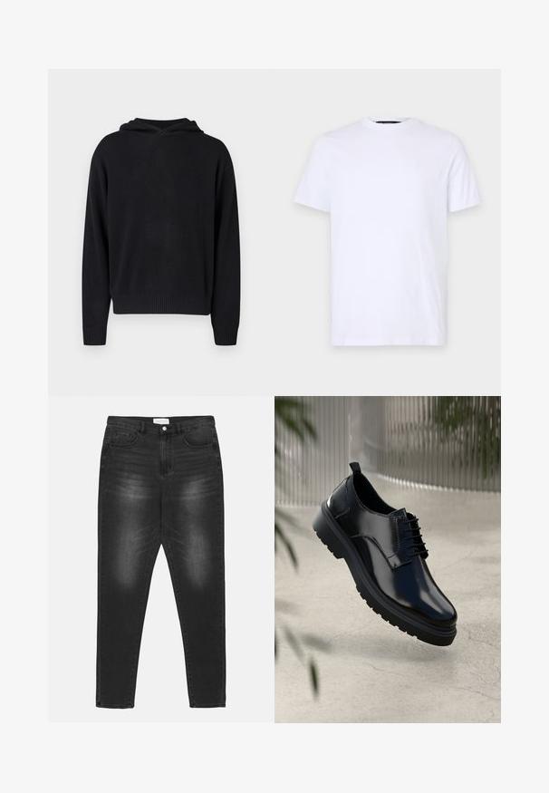Sort langærmet strikhue med ribbede manchetter og kant, præsenteret mod en ensfarvet lys baggrund.; Hvid bomulds T-shirt med korte ærmer, rund halsudskæring, med et diskret præget logo på venstre bryst, glat tekstur.; Sorte denim jeans med en falmet vask, høj talje, fem-lomme design og sølvbeslag. Lige ben med kontrast syninger.; Sorte lædersko med en blank overflade, rund tå, snøredesign, kontrastsyninger og en tyk gummisål med mønster.