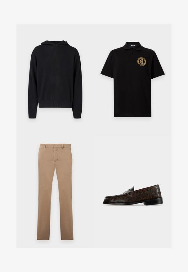 Capuche en tricot noire à manches longues avec des poignets et un ourlet côtelés, présentée sur un fond léger uni.; Polo noir à manches courtes avec col et patte à deux boutons, arborant un logo circulaire doré Just Cavalli sur la poitrine.; Pantalon beige à jambes droites avec passants de ceinture, fermeture éclair à l'avant et fermeture à bouton, présenté à plat sur un fond blanc.; Mocassin en cuir façon peau de serpent brun foncé avec petit talon et coutures style mocassin, vu de profil sur fond blanc uni.