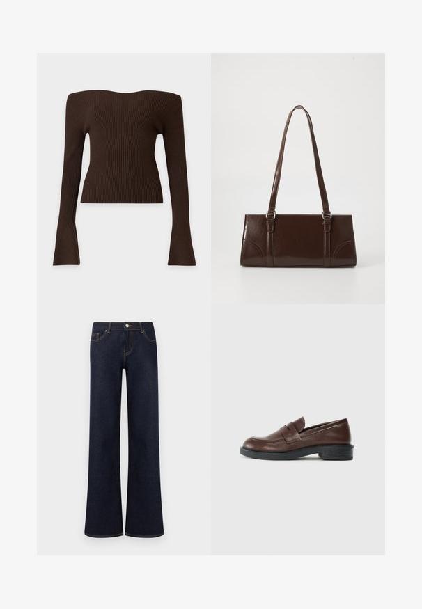 Top en maille côtelée marron foncé à épaules dénudées, manches longues avec poignets évasés et coupe ajustée.; Jean en denim bleu foncé à jambes larges avec poches avant, fermeture par bouton et fermeture éclair, et coutures contrastantes visibles.; Mocassins en cuir marron avec un bout arrondi, présentant une sangle décorative sur le dessus, et un talon bas en caoutchouc noir texturé.; Sac à main en cuir verni marron de forme rectangulaire, avec deux longues poignées et des accents courbés subtils à l'avant.