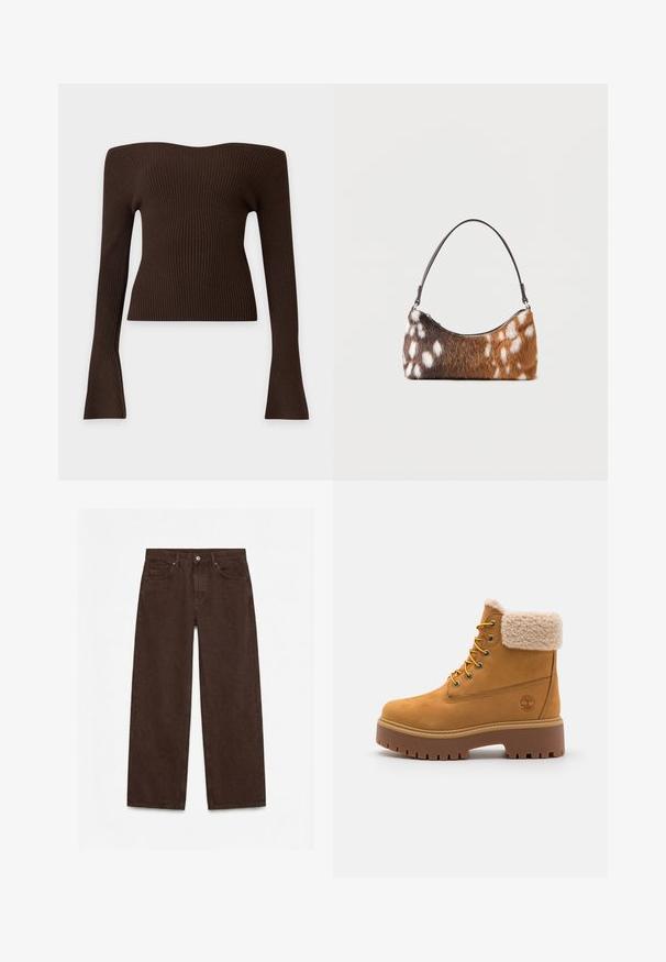 Mørkebrun ribstrikket off-shoulder top med lange ærmer, udvidede manchetter og tætsiddende pasform.; Mørkebrune bukser med høj talje og lige ben, med forreste knap, lynlås, bæltestropper og design med fem lommer.; Tan ruskindsstøvle med en kunstig pelskrave, gyldne øjer og en kontrasterende gummisål. Har et logo på siden og struktureret sål.; Skuldertaske med brun og hvid pletmønstret imiteret pels og en tynd sort rem, vist på en hvid baggrund.