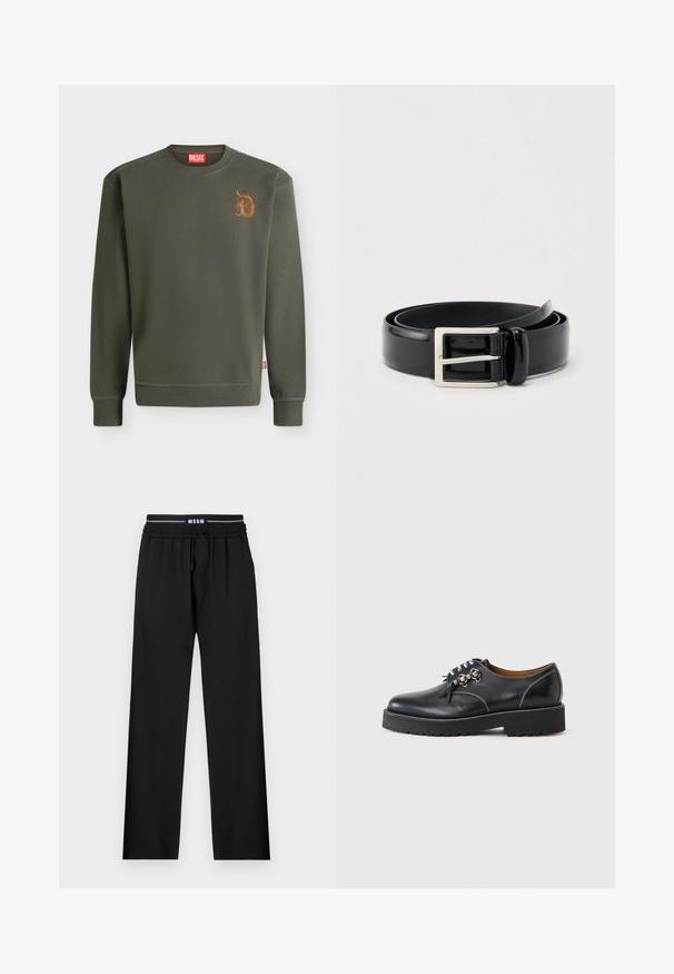 Sweat-shirt vert foncé à col rond avec manches longues et un petit motif de dragon orange près de l'épaule gauche.; Pantalons noirs à coupe décontractée, taille élastique, cordon de serrage ajustable et poches latérales. Fabriqués en tissu lisse sans motifs.; Chaussure noire en cuir à lacets avec semelle épaisse et œillets métalliques, couture blanche visible et doublure intérieure marron, vue de côté externe.; Ceinture en cuir noir brillant enroulée avec une boucle métallique rectangulaire argentée sur un fond clair uni.