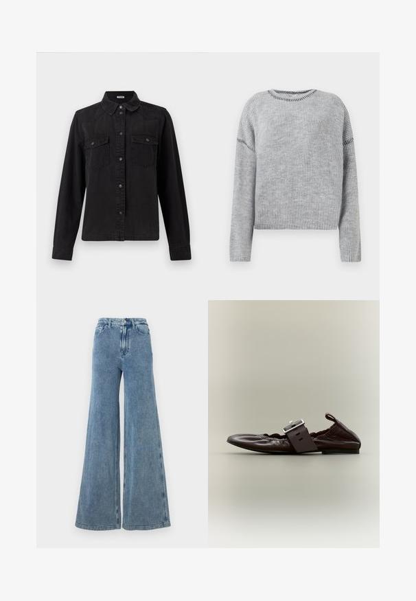 Grijze gebreide trui met een ronde halslijn en lange mouwen. Kenmerkt zich door een geribbeld patroon en contrasterende stikdetails langs de naden.; Zwarte spijkerbutton-up shirt met lange mouwen, twee borstzakken met klep en een klassieke kraag op een witte achtergrond.; Good American JEANIUS GOOD SKATE - Relaxed fit jeans - indigo; Donkerbruine leren platte schoen met grote zilveren gesp en geplooide elastische details, zijaanzicht op een neutrale achtergrond.