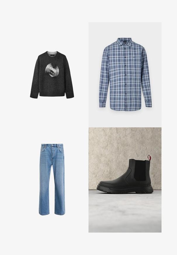 Mørkegrå, langærmet rundhalset trøje med et sløret cirkulært "ALLSAINTS" logo-design på fronten.; Langærmet skjorte med blå og hvide tern, knaplukning, krave og lille broderet A|X logo på brystet.; Lyseblå denim jeans med lige ben-design, fem lommer, knaplukning, minimal falming og kontraststingdetaljer.; Sort ankelstøvle med en glat overflade, elastiske sidepaneler og en kontrasterende rød træksløjfe, der har en tyk gummisål og rund tå.